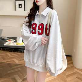 大码女装春秋冬新款韩版休闲百搭慵懒风薄款polo领拉链卫衣潮跨境