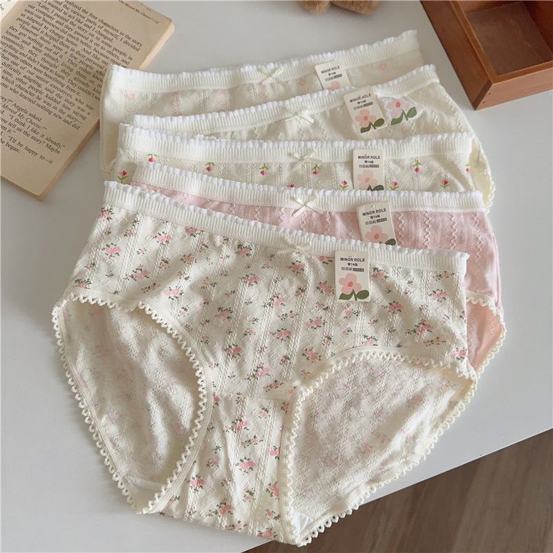 Summer 7A Antibacterial Baby Cotton Underwear for Girls, Pure Cotton Crotch, Mid-Waist Floral Pattern, Student Large Size Briefs, Sweet Style