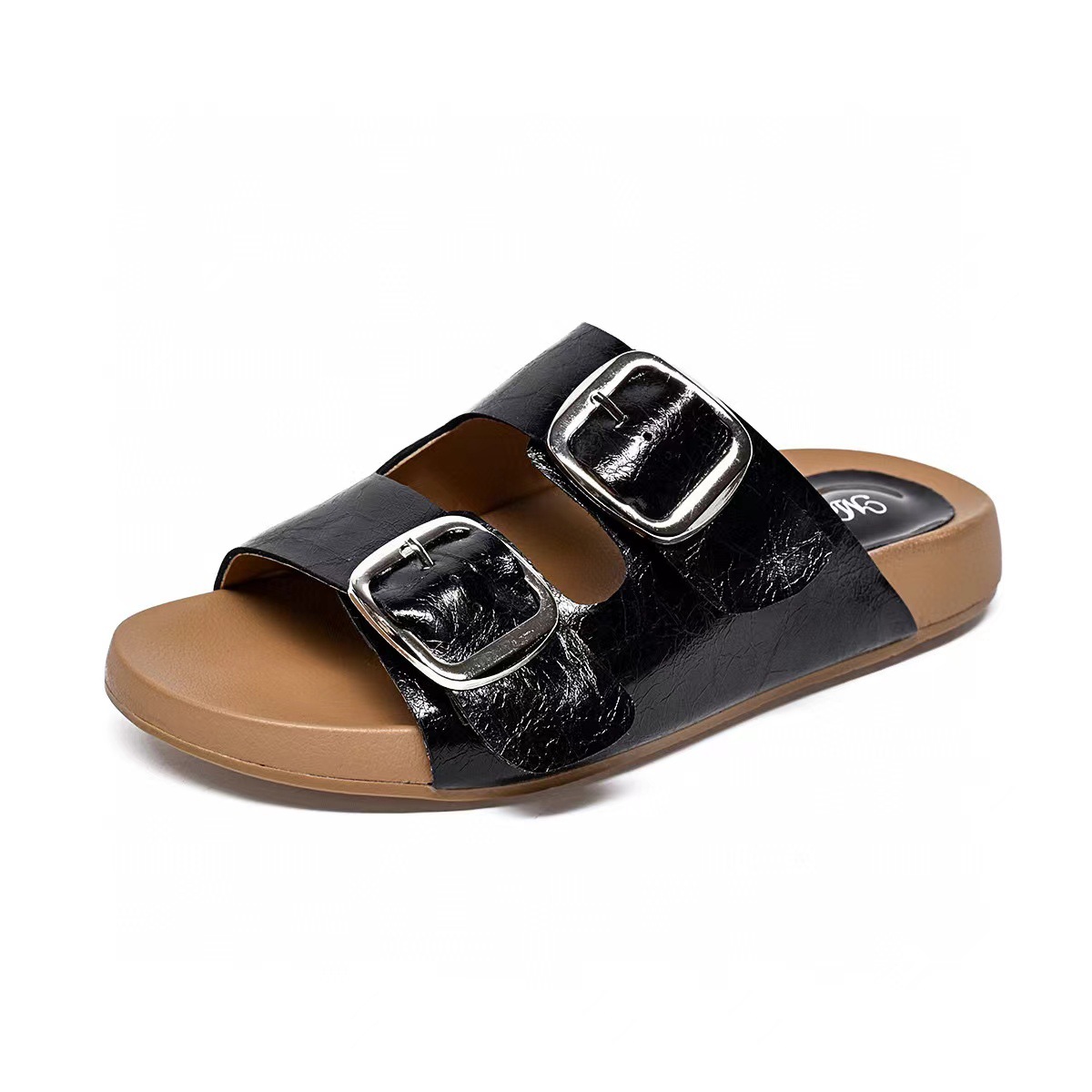 Dép sandal nữ da thật kiểu Birkenstock hở mũi đế bệt — đen