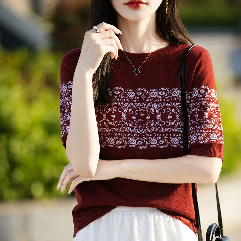 2024 лето новый камвольный шерстяной свитер с короткими рукавами женский округлый воротник жаккардовый цвет свободный модный топ