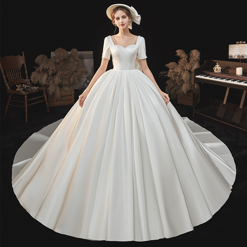 2024 nuevo vestido de novia de satén de las mujeres pequeño simple elegante adelgazar adelgazamiento nupcial boda arrastre temperamento hilo principal
