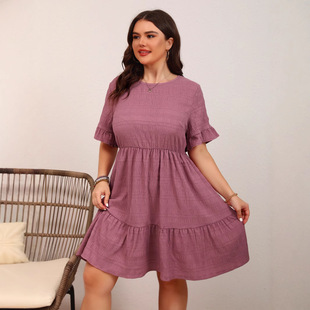 Cross-Border European and American Clothing Amazon Skirt Loose Casual Short-Sleeved Waist Flowing Dress