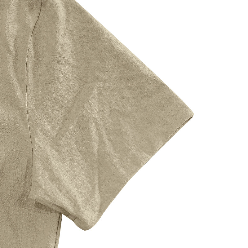 Summer Men's Linen Shirt Casual Loose Collar Short Sleeve Solid Color Pocket T-Shirt_viptrois.com