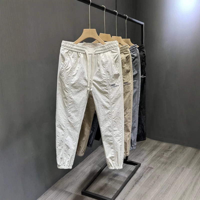 Summer Thin Casual Pants for Men with Drawstring, Elastic Waist, Jogger Style, Stylish and Cool Cropped Pants for Outdoor Wear Summer Thin Casual Pants for Men with Drawstring, Elastic Waist, Jogger Style, Stylish and Cool Cropped Pants for Outdoor Wear