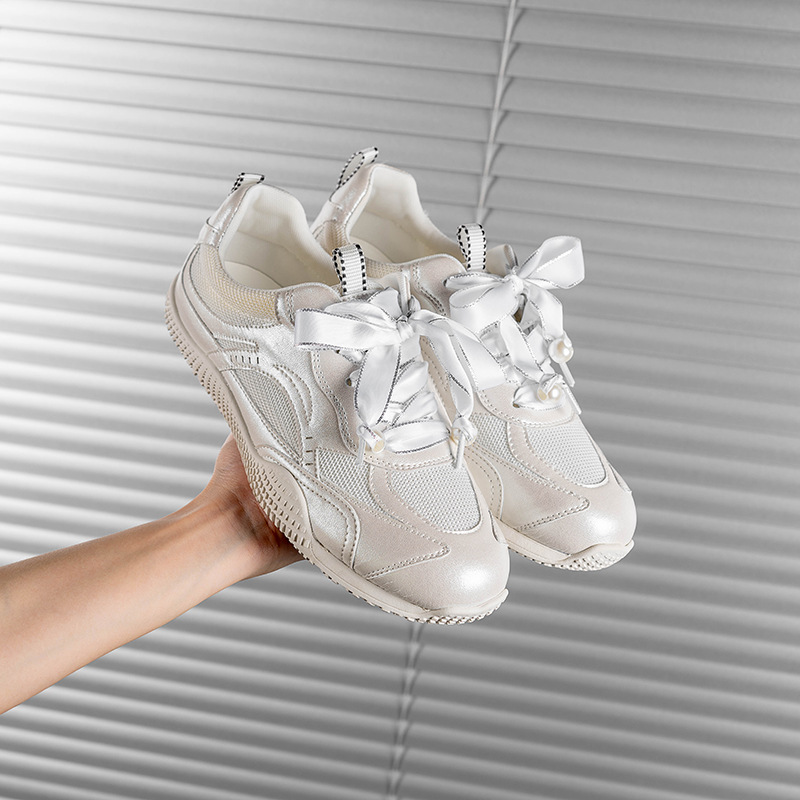 芭蕾德训女鞋银色2014夏秋透气软底运动休闲珍珠绸缎老爹小白鞋女