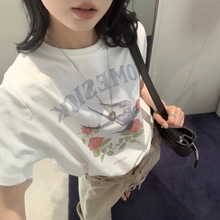 OPENYY/2025夏季新款玫瑰花飞燕印花宽松短袖T恤打底衫上衣女