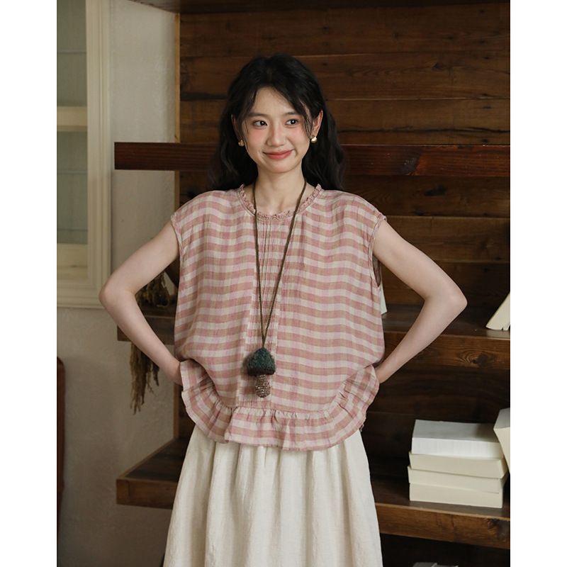 2026 Summer New Style Forest-Style Retro Sweet Pink Plaid Lace Round Neck Pullover Ruffled Short-Sleeved Shirt for Women