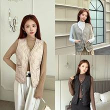 菱形格排扣马甲女 秋冬轻型V领女士上衣叠穿大码修身修身保暖背心