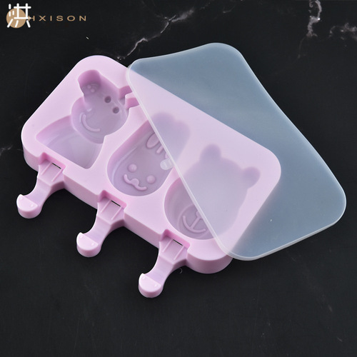 Creative silicone ice cream mold with lid 3-connected ice cream diy popsicle mold household ice tray summer making ice cream cartoon