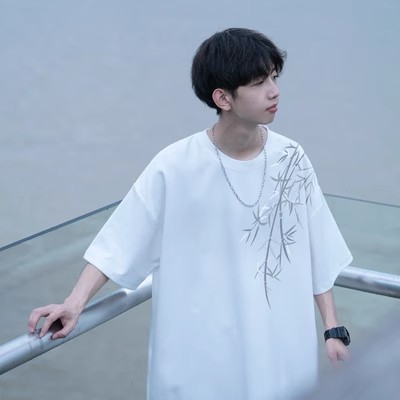 Chinese style short sleeved T-shirt, men's round neck printed bamboo trendy brand high street retro summer t-shirt_voghion.com