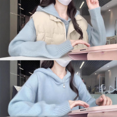 蓝色连帽软糯针织毛衣女2025新款秋季韩系高级感慵懒风超好看上衣