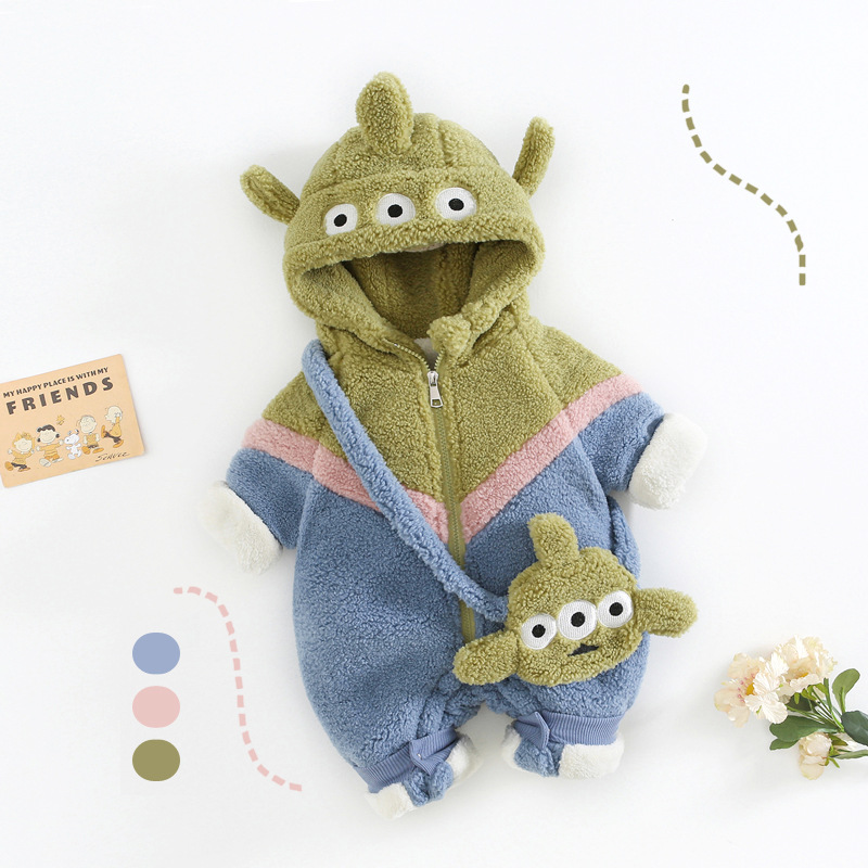 Lane Xiaobao Otoño e Invierno forrado de lana engrosada ropa de bebé 0-1 años de edad ropa de salida dibujos animados lindo mono bolsa gratis
