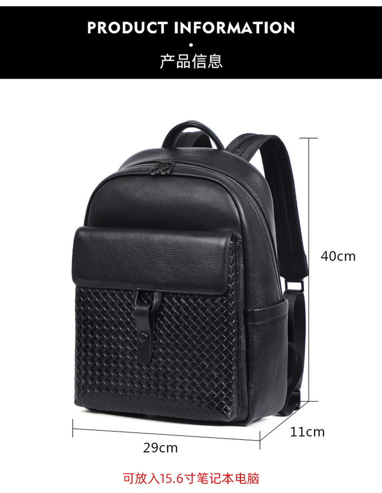 Ba lô nam da bò thật đan dệt đa chức năng có ngăn laptop 15 inch — Màu đen chi tiết 10