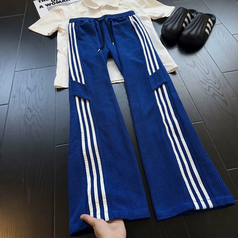 Klein blue American-style striped pants for men, summer thin dragon scale pattern sports pants, three-stripe breathable flared pants