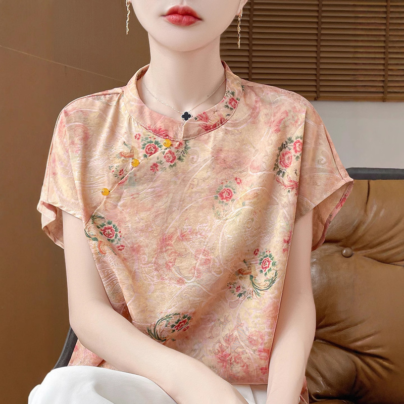 新中式立领高端缎面复古提花T恤女夏季清凉透气宽松减龄短袖上衣|undefined