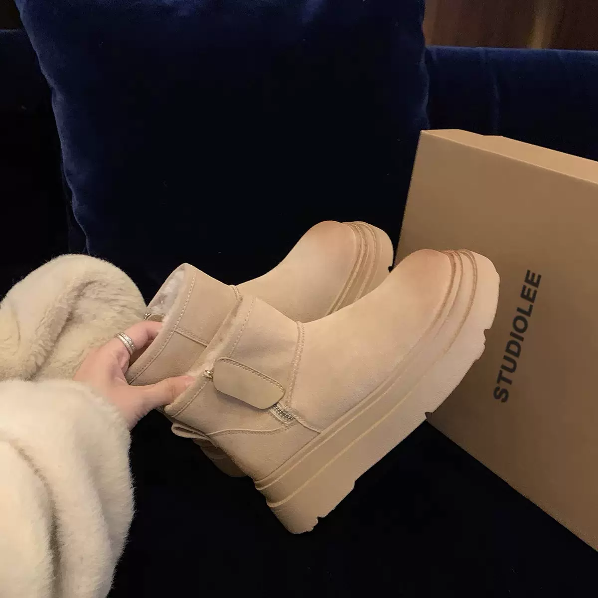 葡萄妈studiolee 羊毛侧拉链增高厚底加绒毛毛雪地靴女冬季棉鞋女