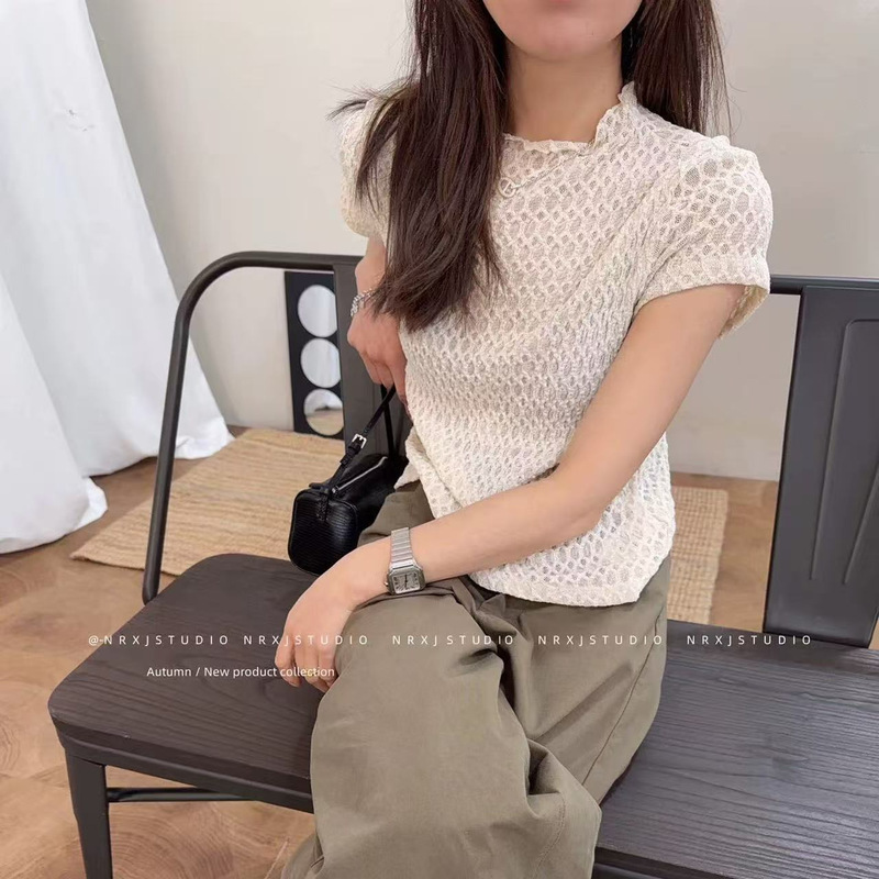 0512-10 K Brand~Niche Designer Style Hollow-Out Knit Pure Desire Style Short-Sleeve Top