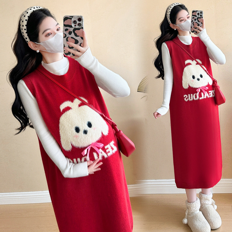 in stock 2025 Winter Pregnant Women's Skirt Net Red Baby's Age Reduction New Year Christmas New Year's Day Festive Pregnant Women's dress