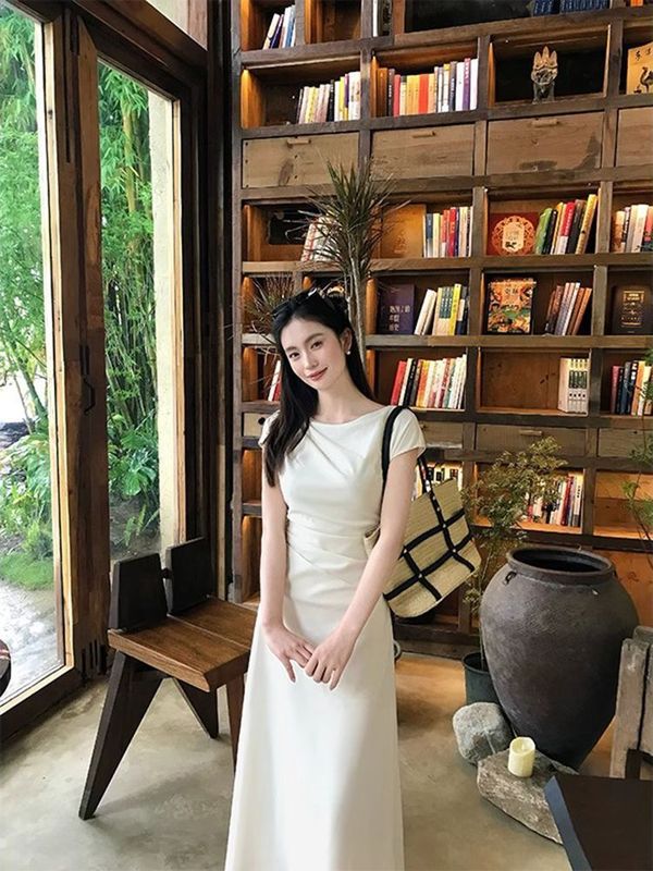 气质知性简约短袖连衣裙女夏季修身显瘦长短款裙子|undefined