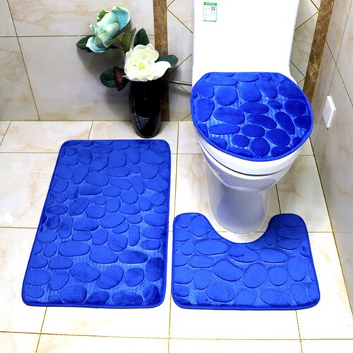 Rug bathroom toilet set household anti-slip water-absorbent mat coral velvet cobblestone print bathroom mat