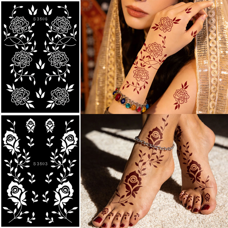Cross-Border Popular Rose Flower Henna Tattoo Template Indian Hand-Painted Hollow-Out Spray-Painted Disposable Tattoo Sticker Template