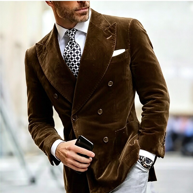 2026 New Men's Double-Breasted Velvet Suit Jacket Slim Fit Business Casual Formal Men's Suit Jacket