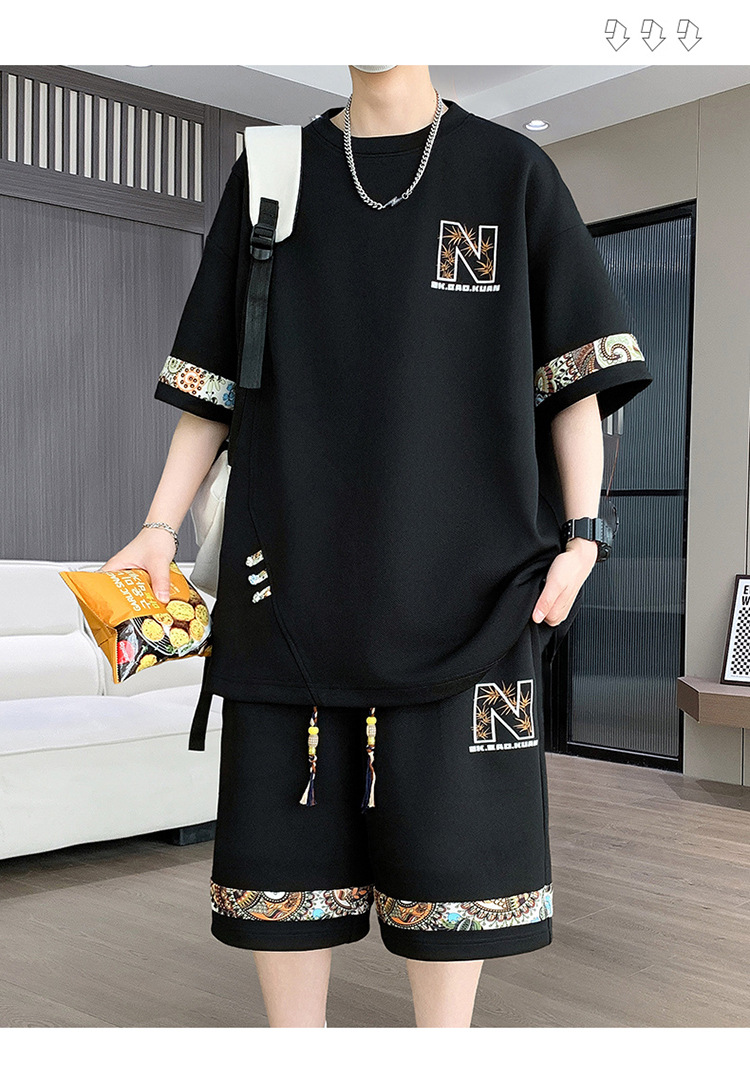 Men's Retro Embroidery Shorts Set - Fashionable Casual Short Sleeve And Shorts Outfit For Teens And Young Adults​_viptrois.com