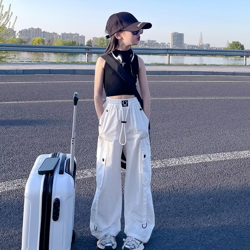 Girls White Coil Pants Summer Thin American Wide Leg Pants High Waist Jazz Street Dance Casual 2025 New Western Style