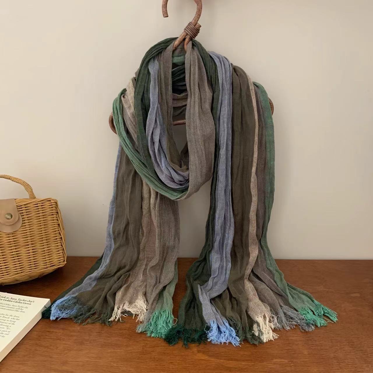 New with cotton linen texture gradient blue autumn and winter scarf versatile print women's long pleated shawl_voghion.com