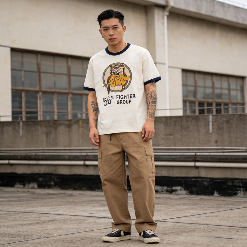 Okonkwo 250g Heavy Weightweight Short-Sleeved T-Shirt Ami Khaki Military Style Air Force Shar-Pei Dog Pilot Tee