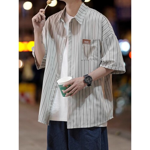 Japanese striped shirt, short-sleeved, men's summer inch clothes, design top, coat, fashion brand, fashionable, handsome Hong Kong style shirt