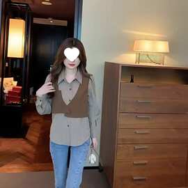 秋季假两件格子衬衫女春秋装2025新款气质上衣设计感时尚女士衬衣
