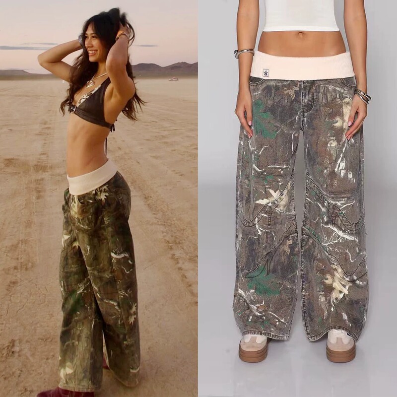 Revice Threaded Waistband Leaf Camouflage Straight-Leg Jeans, Perfect Waist-to-Hip Ratio Pants with Patchwork Design and Embroidery Revice Threaded Waistband Leaf Camouflage Straight-Leg Jeans, Perfect Waist-to-Hip Ratio Pants with Patchwork Design and Embroidery