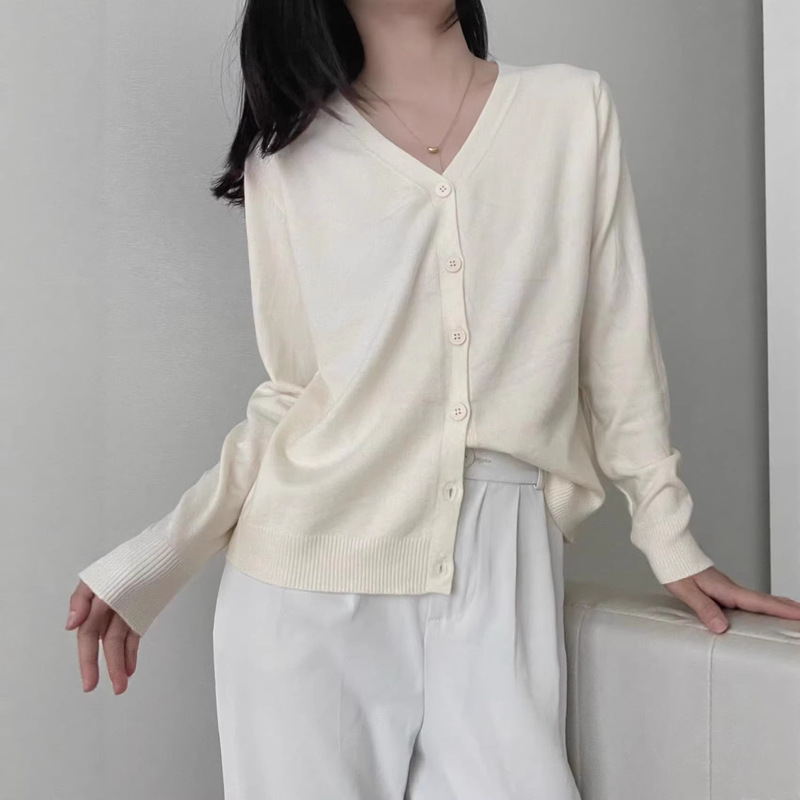 V-neck single-breasted knitted cardigan women's solid color sweater women's coat autumn and winter New lazy style loose coat women