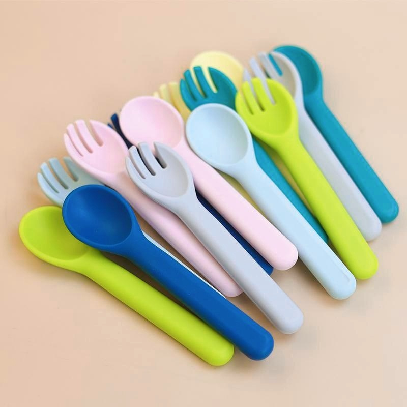 Spot Thickeneded Silicone Spoon Food Grade Baby Independent Eating Soft Spoon Kidsren's Eating Training Feeding Fork Spoon