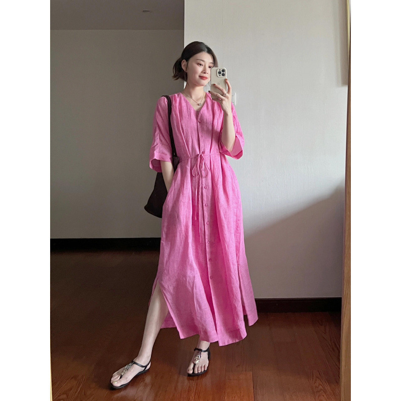 Cotton and Linen Strap Shirt Cardigan Ramie dress Women's Summer New Arrival French V-Neck Loose Slimming Long Skirt