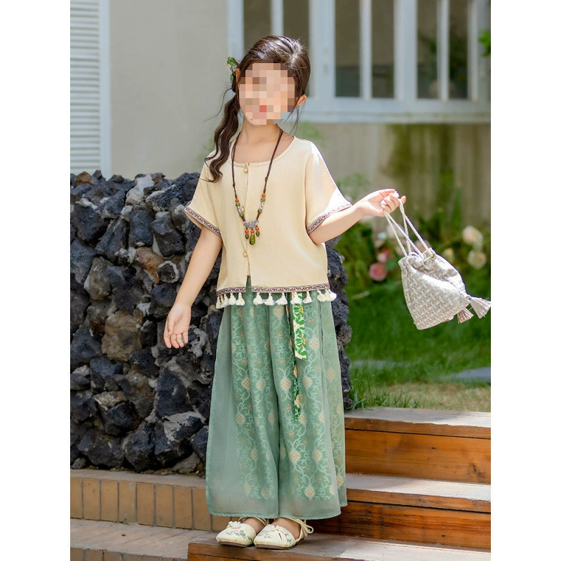 Летний костюм для девочек в этническом стиле с короткими рукавами, новинка 2025 года, детский летний свободный костюм из двух предметов в национальном стиле для девочек