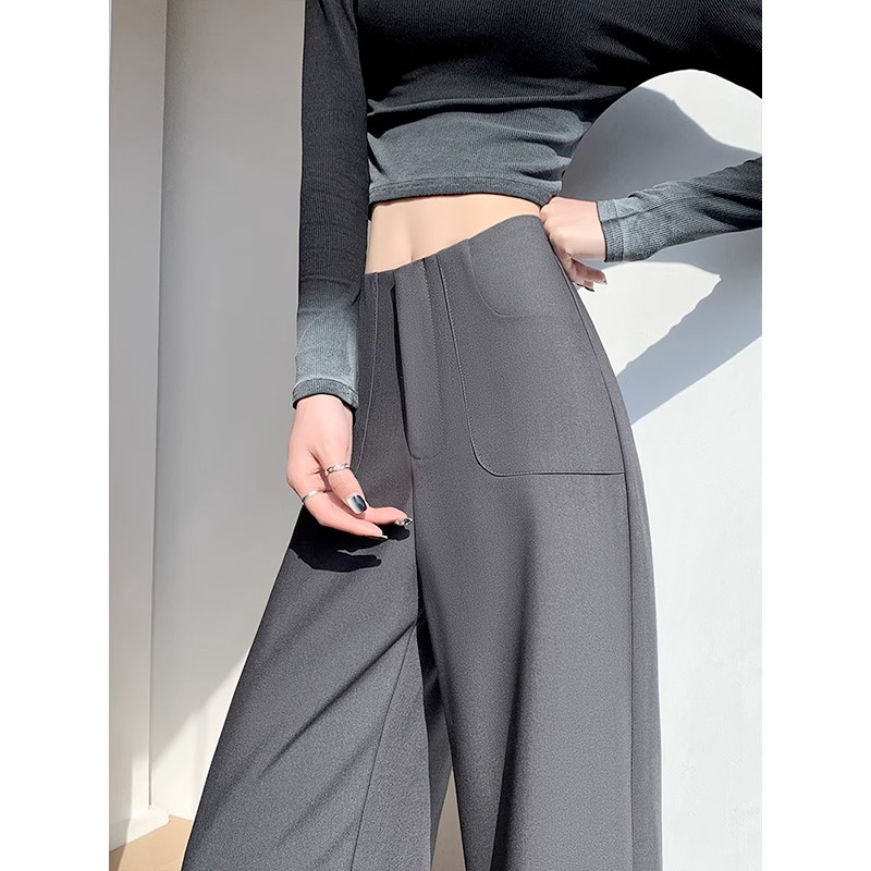 Pantalones de traje negros de alto nivel de primavera y otoño para mujeres 2025 nuevos pantalones casuales de cintura alta y caída de tela estrecha de pierna ancha recta