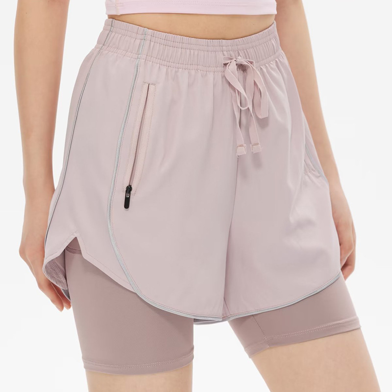High-Waisted Double-Layer Anti-Exposure Sports Three-Quarter Pants for Women, Quick-Drying Running Shorts, Fake Two-Piece Fitness Pants, Long Lining for Cycling