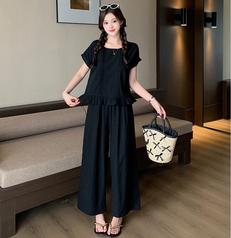 2025夏装新款胖mm大码女甜美减龄飞飞袖木耳边短袖阔腿裤套装|undefined