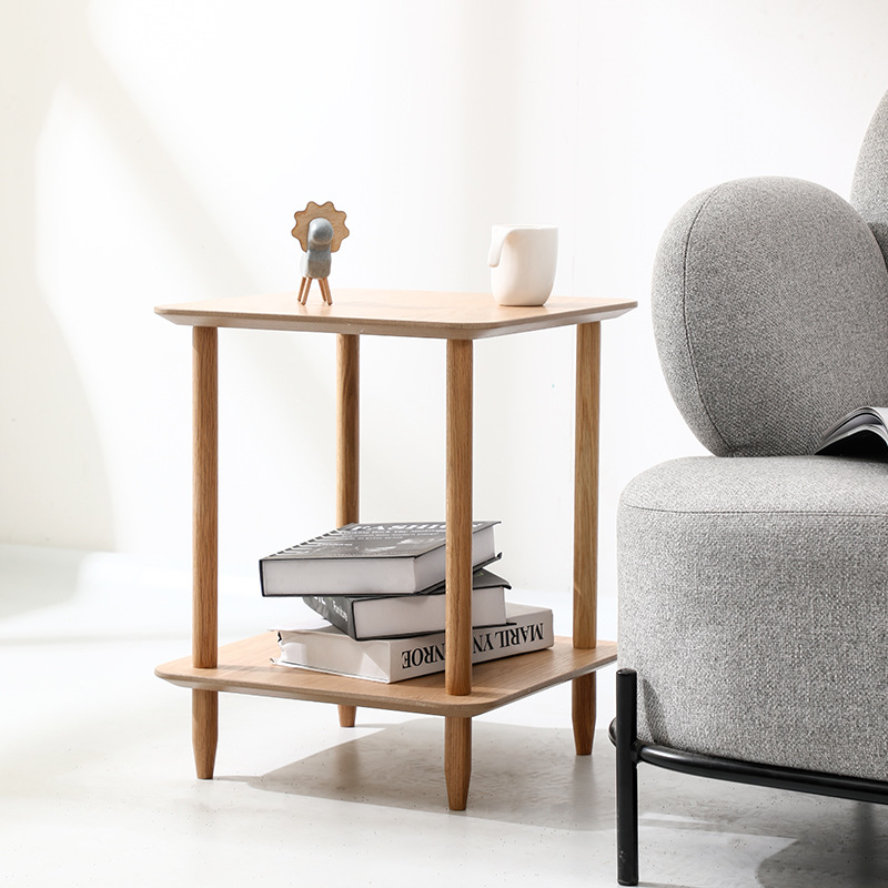Nordic Solid Wood Sofa Side Table Simple Household Living Room Corner Table Square Double-Layer Small Coffee Table Minimalist Bedroom Bedside Table