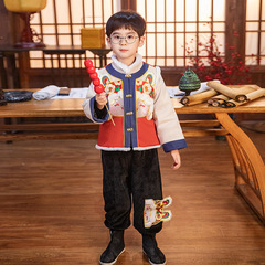 兒童過年服加絨唐裝兩件套冬男童中國風漢服兩件套學生古裝演出服