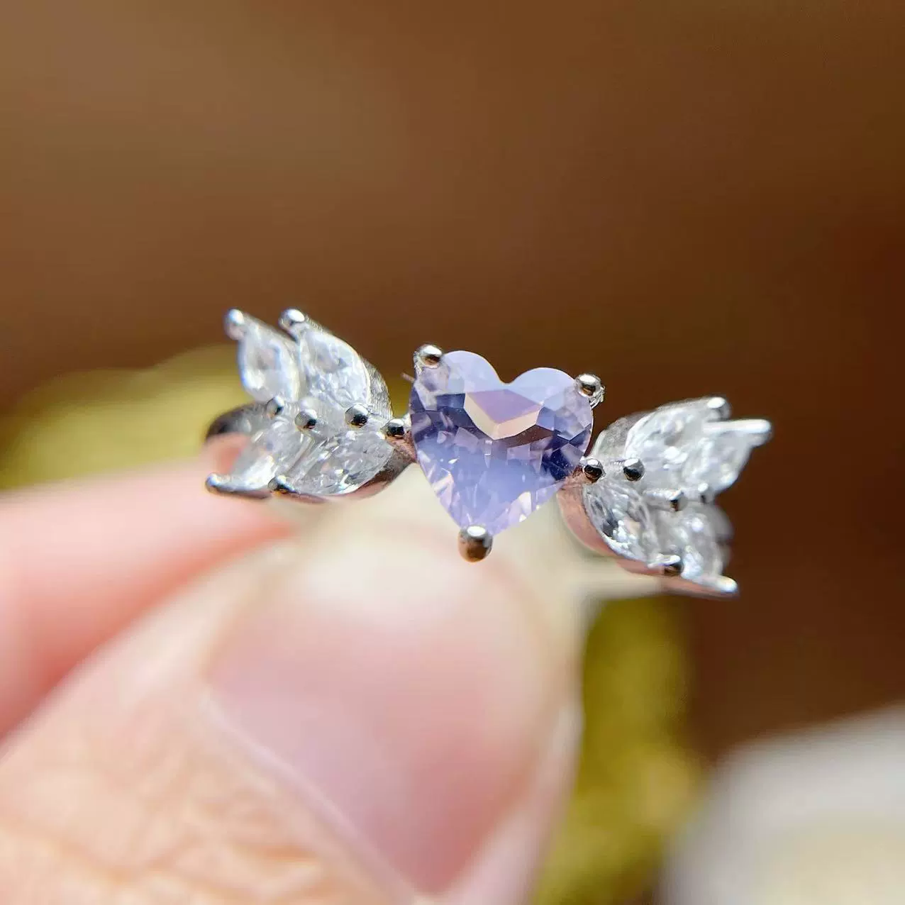 Organic lavender stone inlay, small ring with crystal with amethyst, silver 925 sample