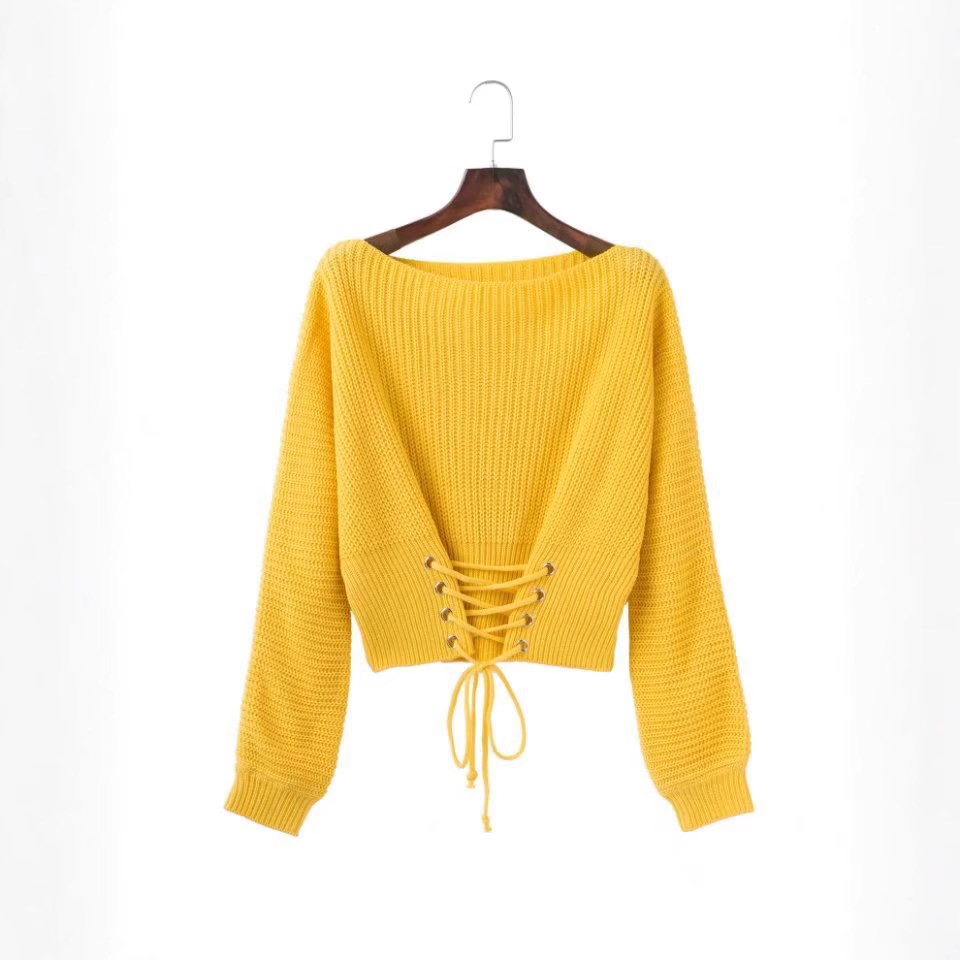 AliExpress deseo europeo y americano Comercio exterior suelta suéter de manga larga otoño e invierno nuevo suéter corto con cordones para mujeres