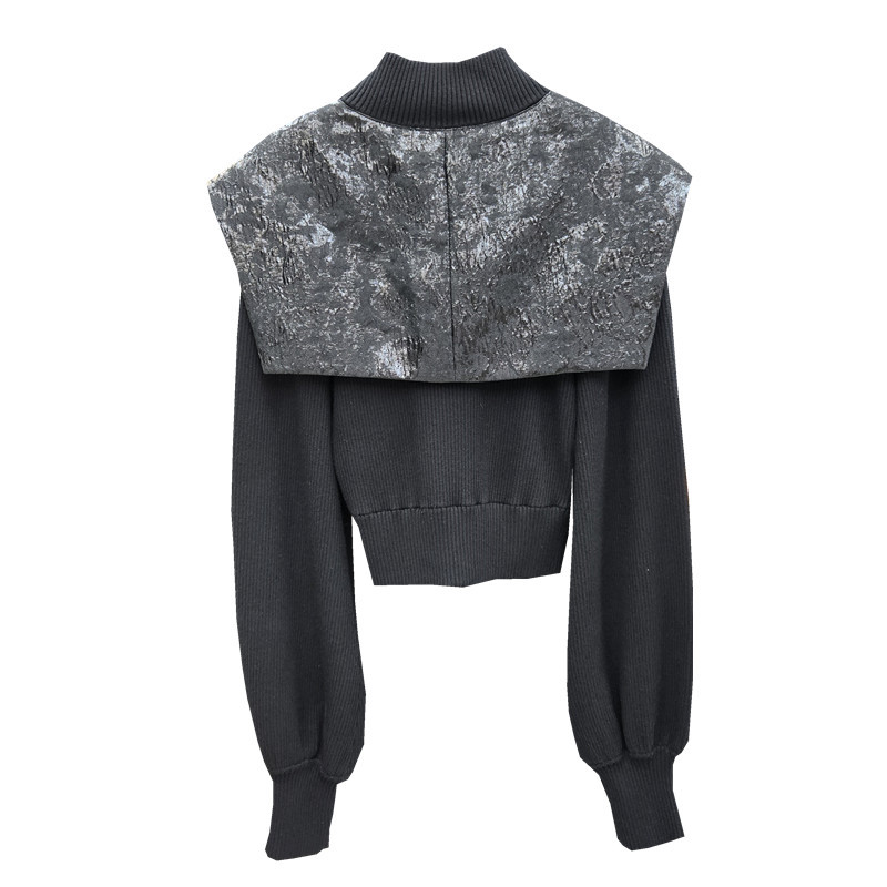 2025 otoño y invierno chaqueta de punto negro para mujeres nuevo diseño de color de contraste temperamento delgado nicho blusa de bolsillo de empalme
