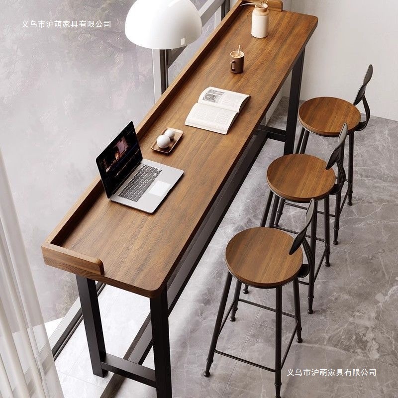 Solid Wood New Nordic Balcony Bar Table Against the Window and Wall Home High Table and Chair Combination Table Simple Long Baffle