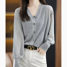 夏新款V领长袖冰丝开衫女泡泡袖宽松轻薄透气空调防晒衫针织外套