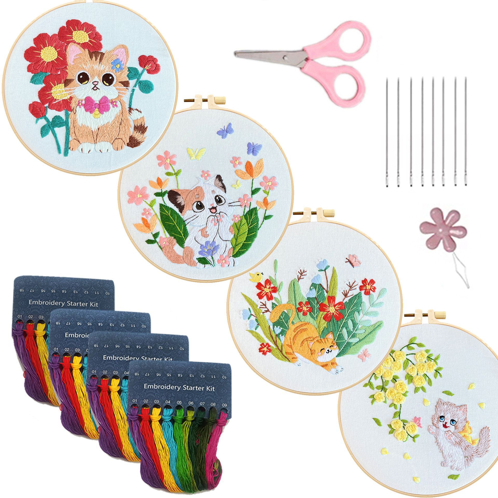 Flores y gatos set colgar dibujos animados Lu bordados animales Inglés novatos bolsos bordados diy material bolsos colgantes hechos a mano sala de estar