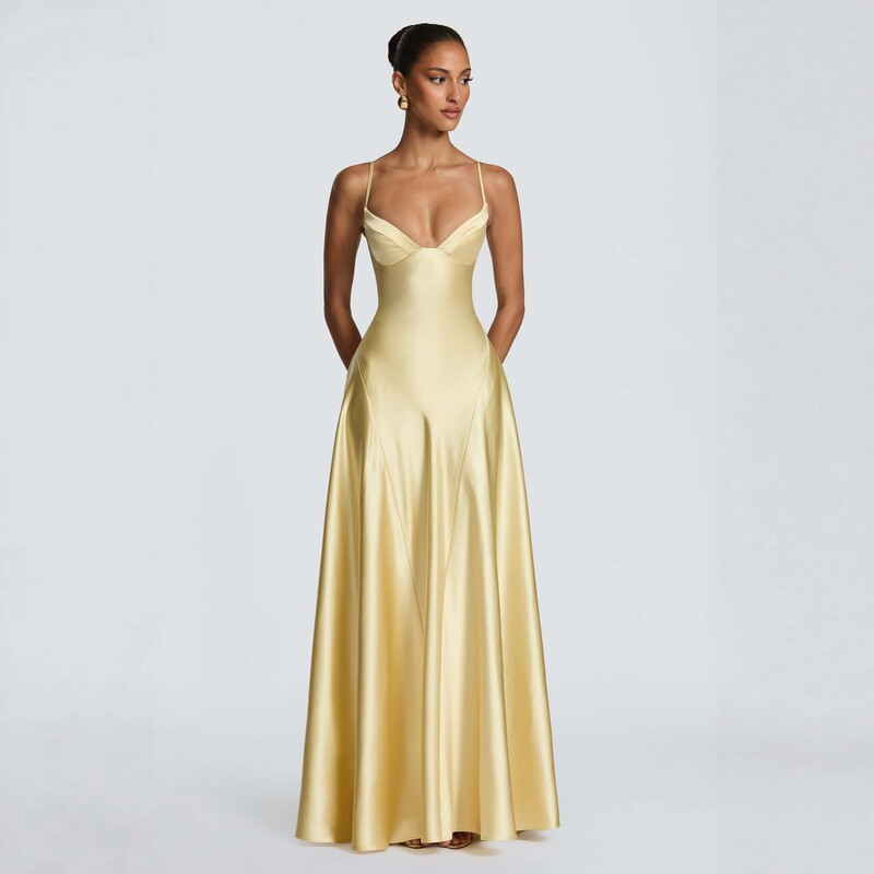 New Summer Foreign Trade Women's Fashion: European and American Style, Elegant and Sexy Deep V-Neck, Waist-Cinching, Flared Satin Slip Dress