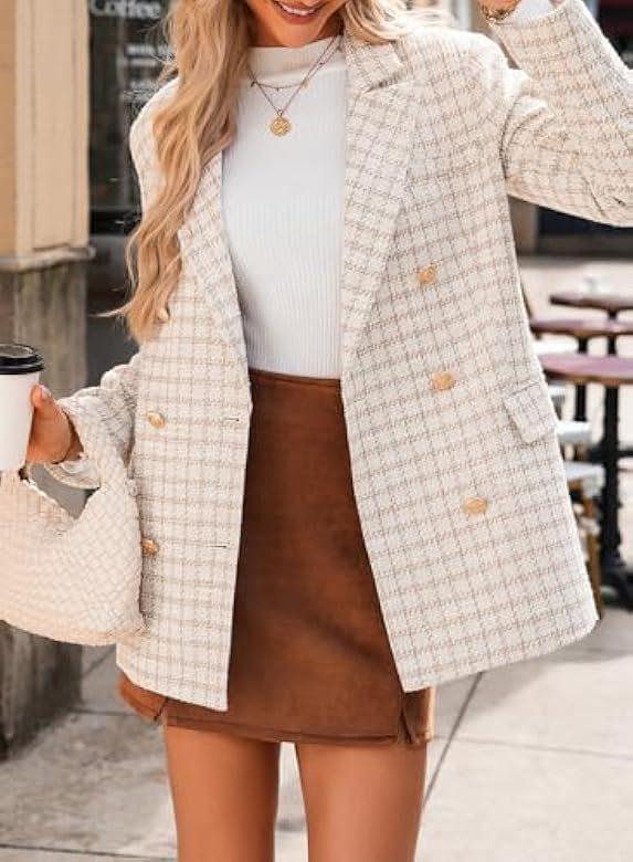 Women's Tweed Blazer Jacket Double Breasted Plaid Workwear_voghion.com